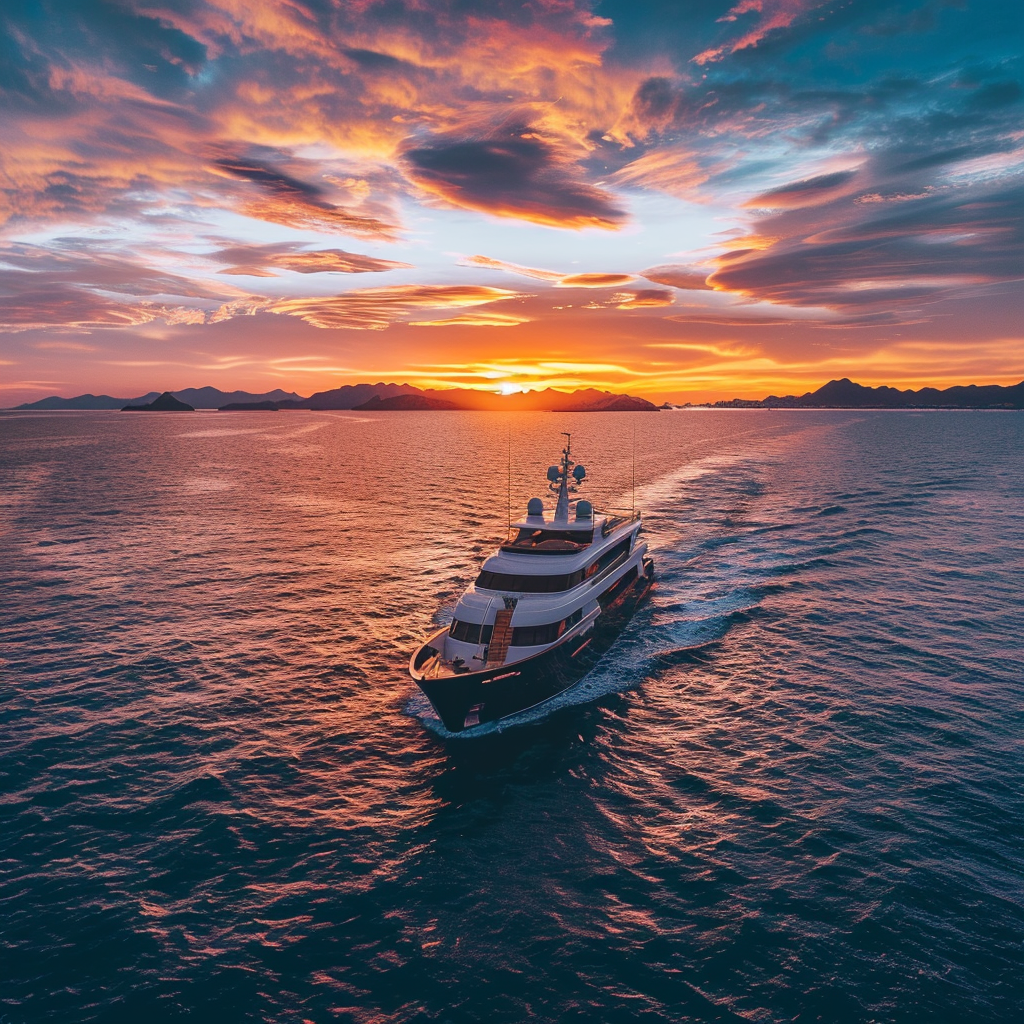 Luxury yacht cruising on the Sea of Cortez at sunset, with the silhouette of the Baja Peninsula in the distance.