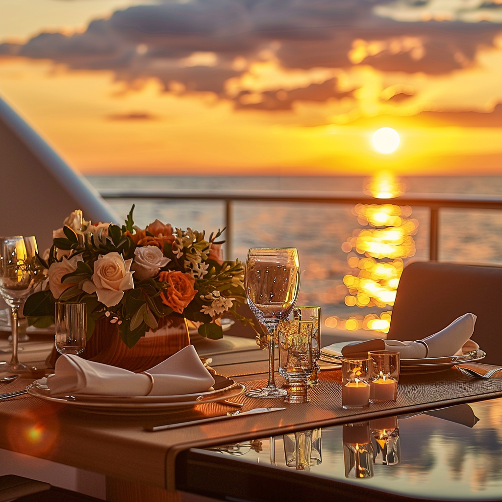 Luxurious yacht's aft deck set for an intimate sunset dinner, overlooking the ocean.